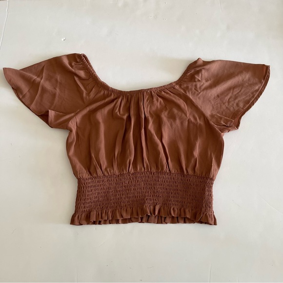 Baja Brown Tie Front Smocked Shirred Off Shoulder Top - Picture 4 of 4